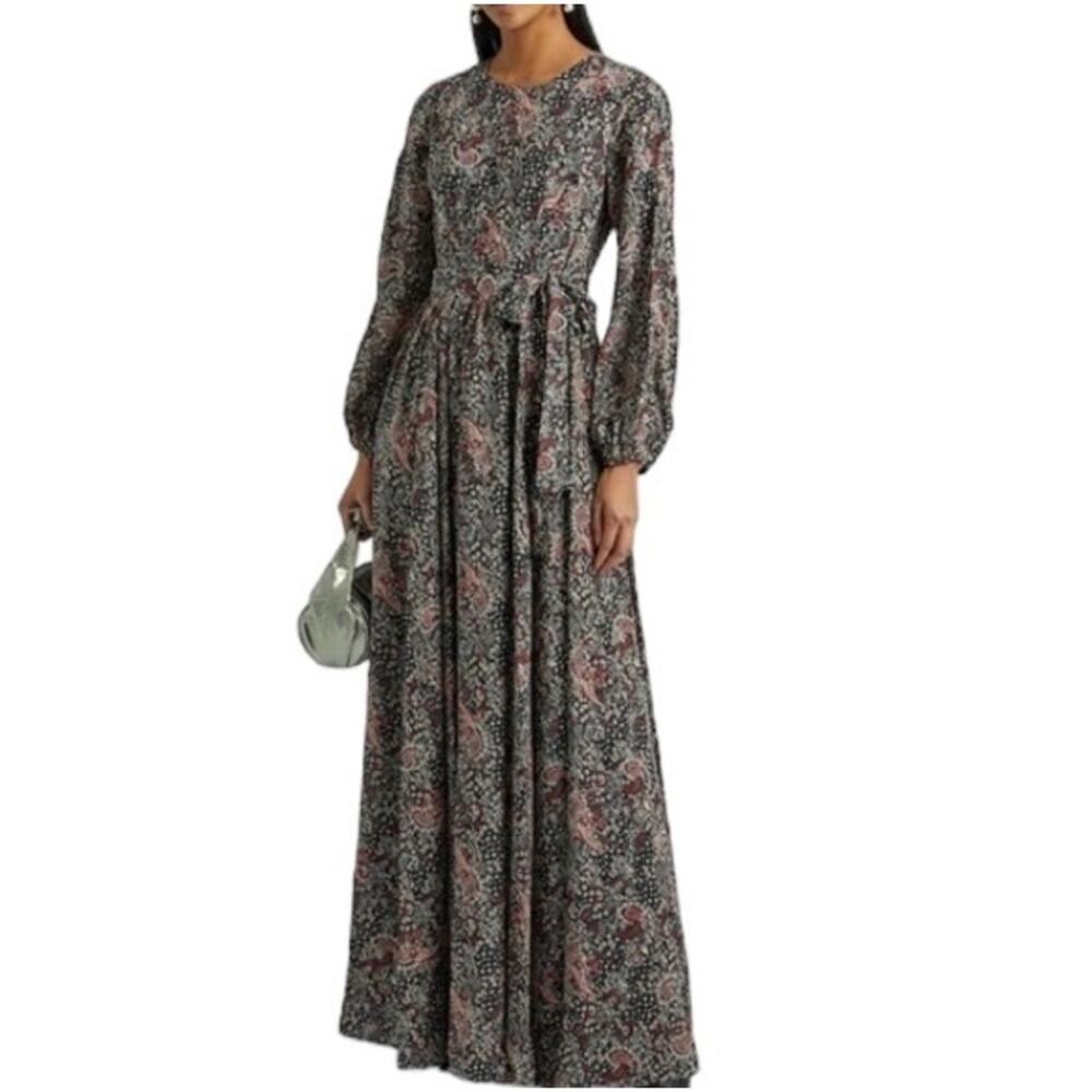 Mikael Aghal Pleated Printed Black Long Sleeve Crepe de Chine Maxi Dress Size 6